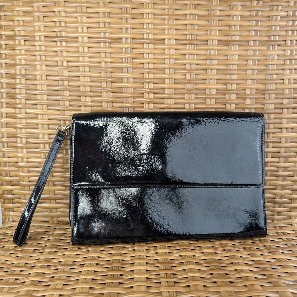 Halogen Black Patent Leather Envelope Style Clutch Wristlet Bag Purse Wallet